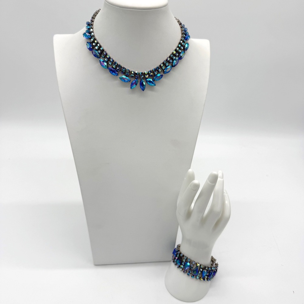 Vintage Blue Aurora Borealis Rhinestone Necklace Bracelet Set Gorgeous!